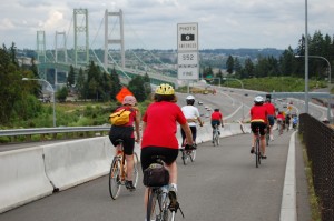 CISPES cyclists approach the Tacoma Narrows Bridge on day one of the 2009 Solidarity Cycle.